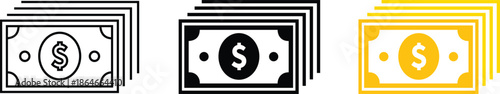 Stack of dollar banknotes in outline solid and yellow styles, money cash icons for banking and financial services, currency vector symbols for business payment and wealth management design.