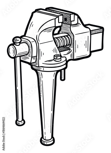 Detailed black and white line drawing of a workbench vise with a cutaway section revealing the internal screw mechanism, perfect for engineering diagrams, tool guides, and workshop