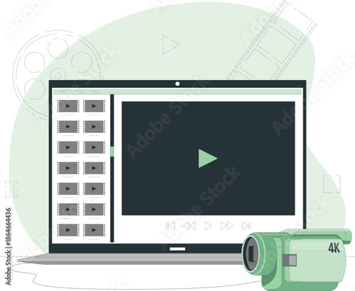 A laptop displaying video editing software with a camera beside it on a clean workspace.