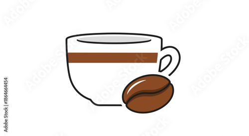 A vibrant vector illustration portraying a charming white coffee cup with a bold brown stripe, perfectly complemented by a single glossy coffee