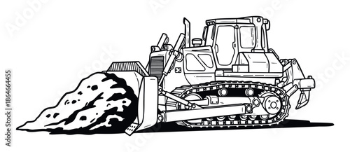 Detailed black and white line drawing of a powerful construction bulldozer actively pushing a large pile of earth, suitable for industrial project visuals, educational content, or