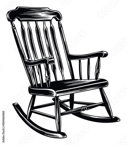 A classic black and white rocking chair presented in a traditional woodcut illustration style, ideal for home furnishing concepts, cozy domestic scene graphics, or timeless interior design