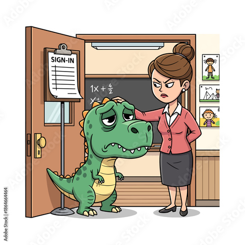Funny Sad T-Rex Student With Stern Teacher At Classroom Door Illustration
