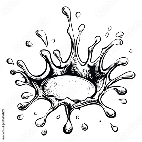 Dynamic sketch style fluid splash with an empty oval center, providing a versatile frame for logos or text in beverage packaging, marketing materials, and active lifestyle campaigns.