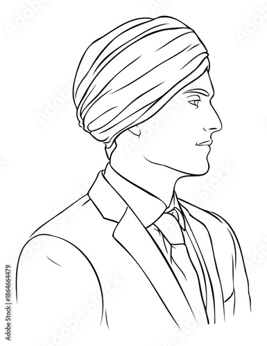 Professional Indian man wearing a traditional turban and a modern business suit in a confident profile view, suitable for cultural representation or corporate identity projects.
