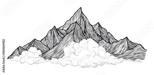 Black and white hand drawn mountain peaks with stylized lines and stippled mist at the base creating a dramatic nature landscape perfect for adventure themed prints and outdoor branding