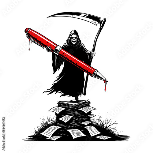 Grim Reaper Teacher Holding Giant Red Pen Over Stack Of Papers Illustration