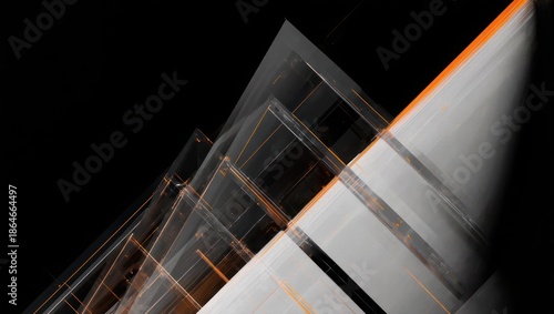Abstract angled geometric shapes in grayscale and orange against a black background
