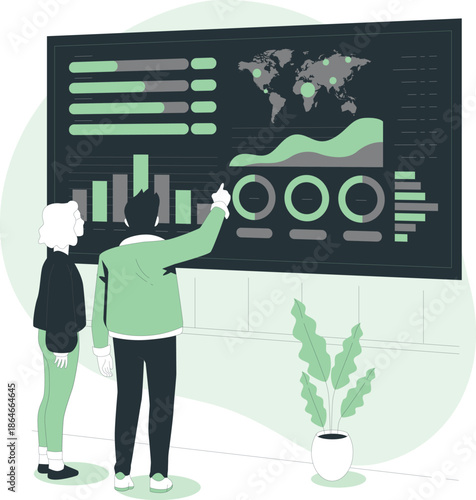 Two individuals analyzing a large screen displaying various charts and graphs related to global data trends indoors