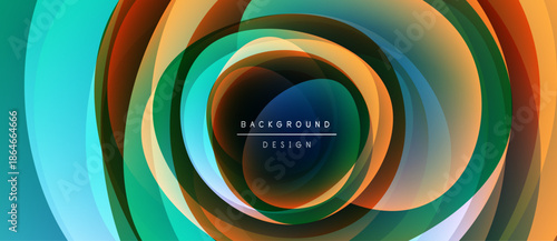 Abstract layers create dynamic circular pattern. Vibrant colors blend, forming modern background design. Text reads background design.