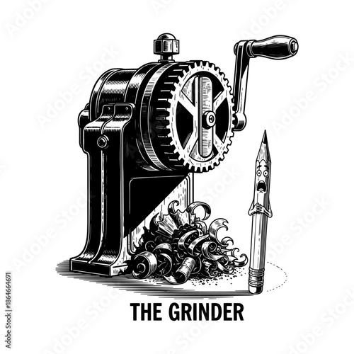 Funny Scared Pencil Character Standing Next To Vintage Sharpener The Grinder Illustration