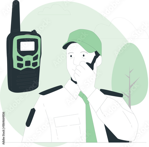 A park ranger communicates using a walkie talkie in a serene natural environment