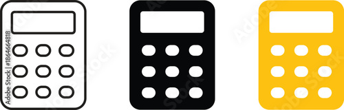 Calculator icon set in outline solid and yellow styles, electronic math tool symbols for business accounting and financial audit, computing graphics for office work and education vector illustration.