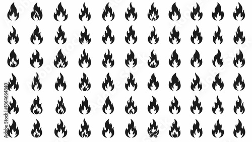 Collection of stylized flame icons representing fire in various forms and sizes, suitable for digital design and applications