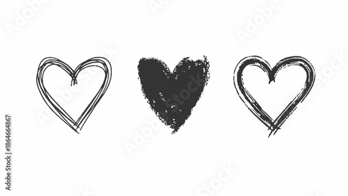 Set of three hand-drawn black grunge hearts with textured brush strokes, perfect for Valentine's Day designs, romantic concepts, and expressive artistic statements
