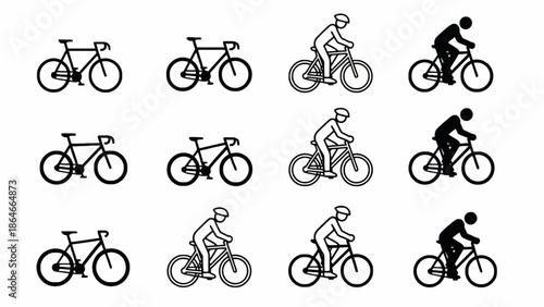 Dynamic collection of diverse bicycle and cyclist vector icons, showcasing various styles and postures for sports, travel, and active lifestyle themes