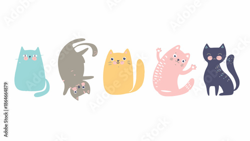 A delightful collection of five whimsical cartoon cats in various playful poses and pastel colors, perfect for adding a touch of charm to any project