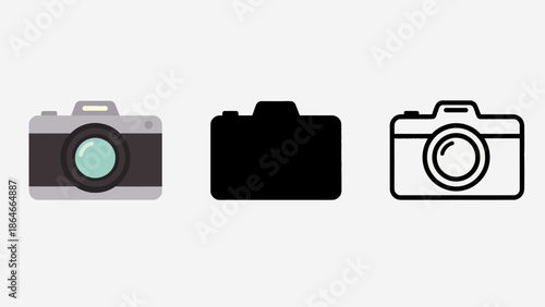 Iconography of three camera illustrations a vintage camera, a silhouette, and a line art drawing, representing photography