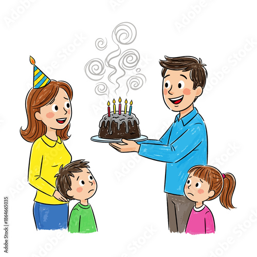 Funny Father Presenting Burnt Birthday Cake To Concerned Family Illustration