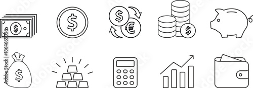Money and finance outline icon set with dollar bills coins and currency exchange, business investment symbols including piggy bank wallet gold bars and growth chart, banking vector graphics isolated.