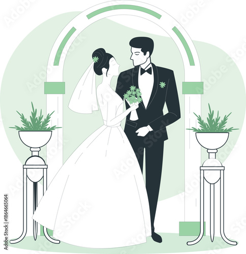 Bride and groom standing together under an archway on their wedding day