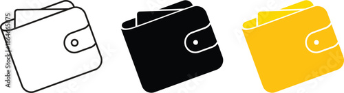 Wallet icon set in outline solid and yellow styles, leather purse symbols for money savings and financial management, personal payment graphics for banking and commerce design vector illustration.