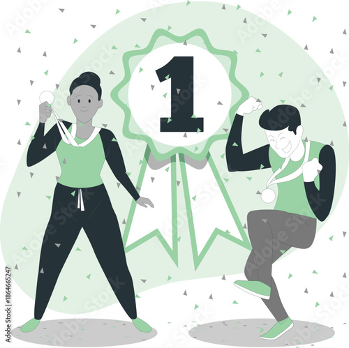 Two women celebrating first place victory with medals in a lively, dynamic pose