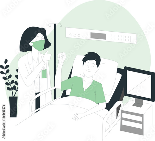 Medical professional visiting patient in hospital room illustration