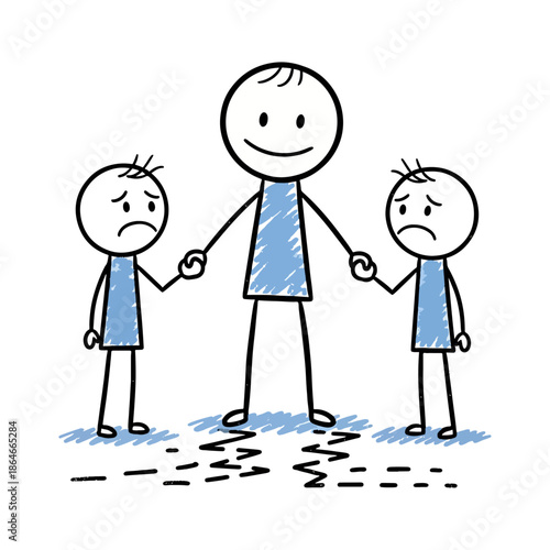 Funny Happy Stick Figure Father Holding Hands With Two Sad Sons Illustration