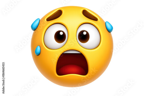 Yellow 3d rendering emoji face showing a distressed expression, sweating with wide eyes and open mouth, on a transparent background