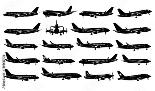 Airplane silhouette vector collection featuring passenger cargo and military aircraft isolated on white background