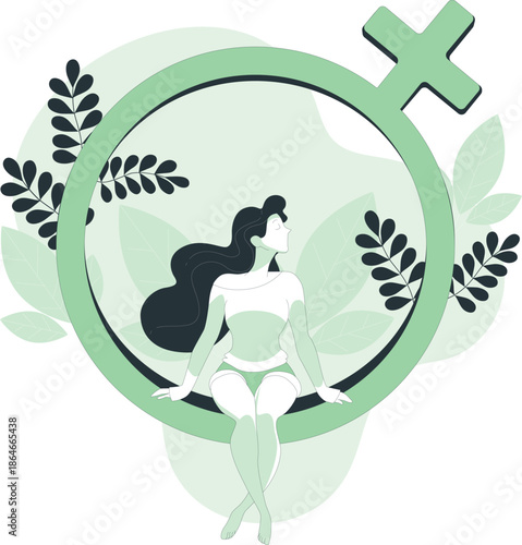 Woman surrounded by nature elements sitting within a green circular frame with female symbol