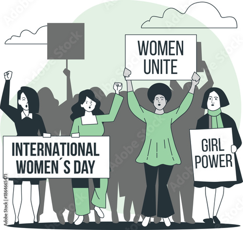Women protesting together holding signs for International Women's Day and girl power in a united front