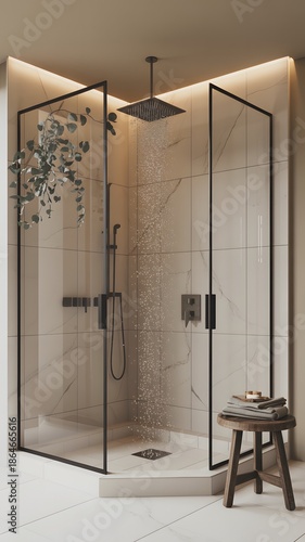 Contemporary glass shower with black frame and eucalyptus bathroom