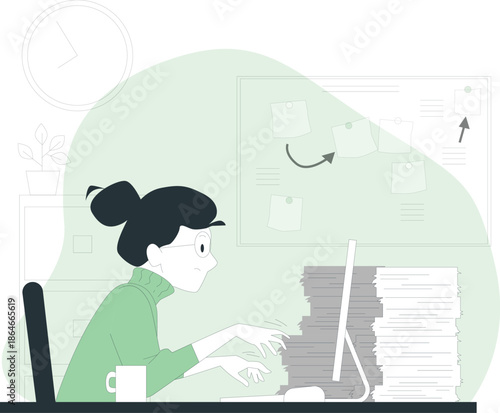 A woman works on a computer surrounded by paperwork in a modern office environment from a side view