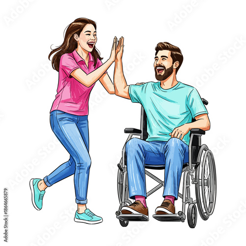 Happy Woman And Man In Wheelchair High Fiving Celebrating Success Illustration