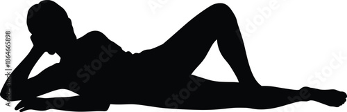 Relaxed woman silhouette lying in elegant pose, graceful female body expressing calm, comfort, and artistic beauty, minimalist black and white illustration isolated on white background
