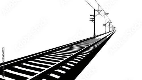 Train Tracks Perspective: Railway Path with Overhead Power Lines