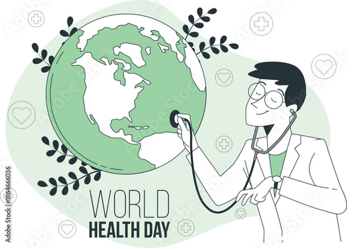 Medical professional examining the Earth on World Health Day surrounded by leaves
