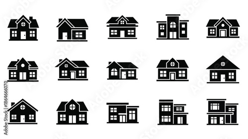Collection of various house designs in a striking black silhouette