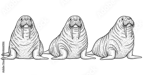Three walruses in line art style with distinctive tusks and wrinkled skin