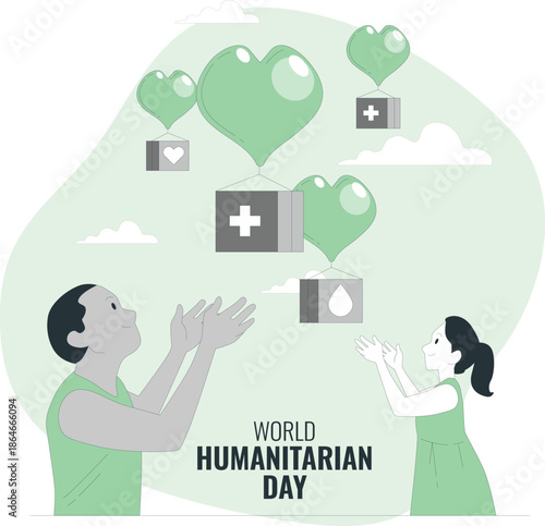 Two people coming together to celebrate World Humanitarian Day with hearts and medical symbols surrounding them