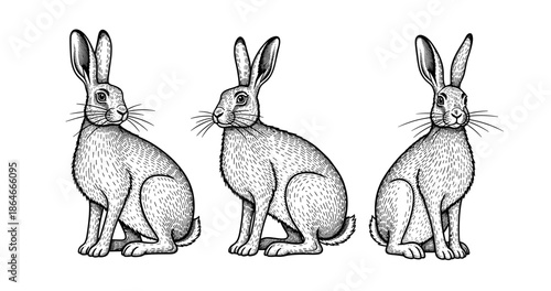 Detailed black and white illustrations of sitting rabbits with intricate fur patterns