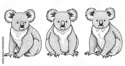 Detailed black and white illustrations of three sitting koalas