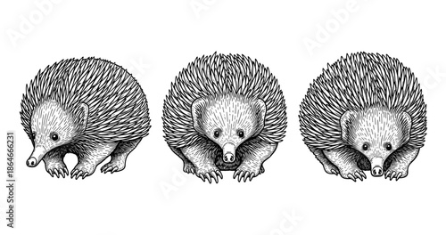 Three hand-drawn hedgehogs in black and white: detailed illustration of hedgehogs in unique poses
