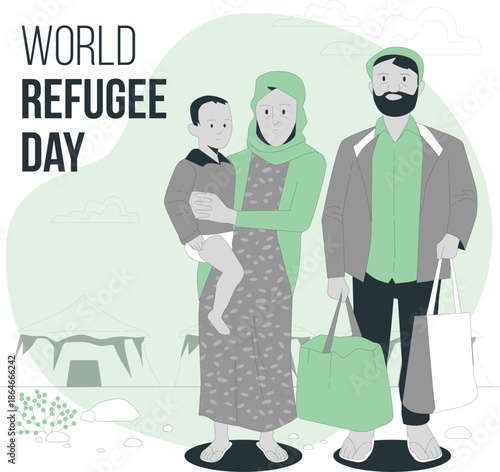 Family of Refugees Walking Together on World Refugee Day Illustration