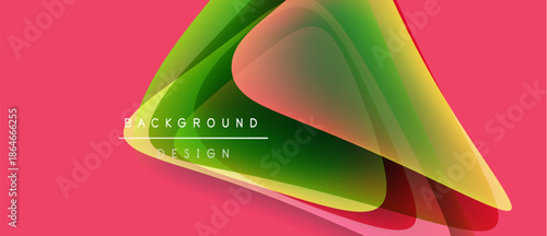 Abstract layers overlap, creating vibrant gradients. Pink backdrop complements green, orange hues. Text reads background design. Modern visual element.