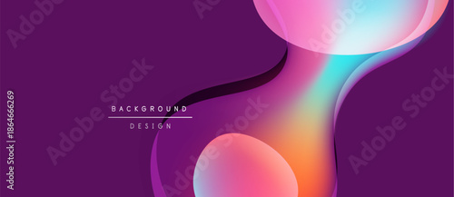 Abstract purple background features flowing shapes, vibrant color gradients. Modern design elements create dynamic visual impact.