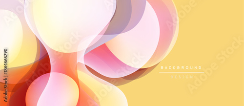 Abstract shapes overlap, creating soft gradients. Warm colors dominate, with yellow background. Modern design feels fluid, dynamic.