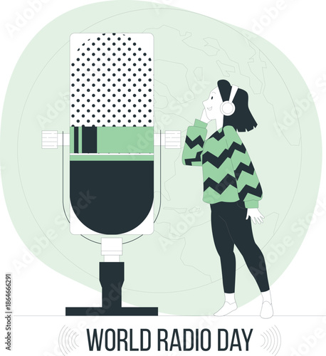 Woman standing beside a large microphone on World Radio Day, holding a hand to her ear